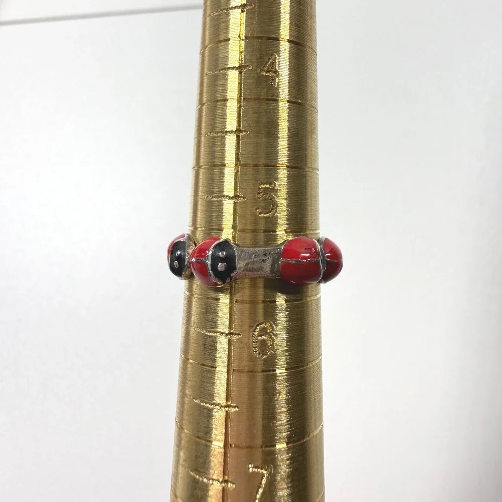 DELIAS Y2K 2000s Teen LADYBUG Red Black Enamel Band Ring Silver Tone Sz 5.25